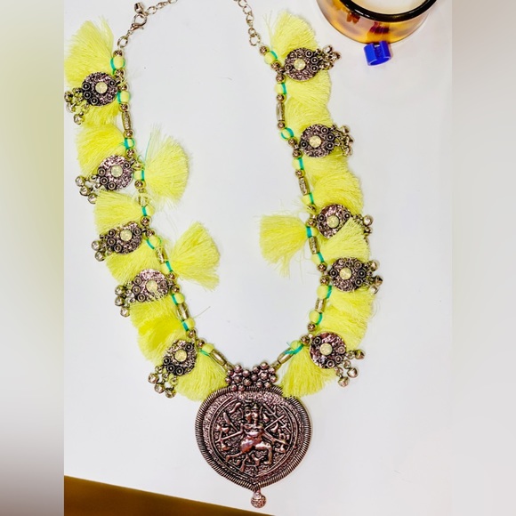 NORDSTROM Maximalist Boho Silver Yellow Fringe Tassel Crystal Statement Necklace - Picture 5 of 15